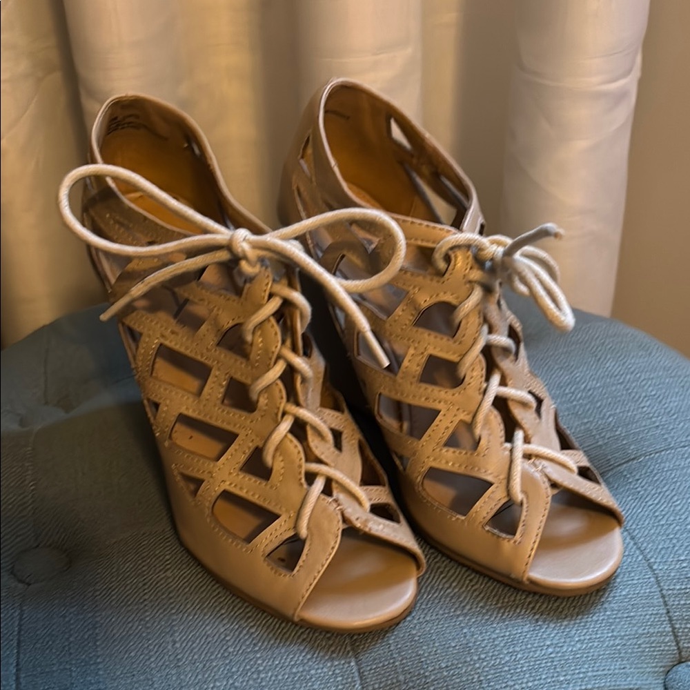 Women's MIA Tan Lace-Up Wedge Heels